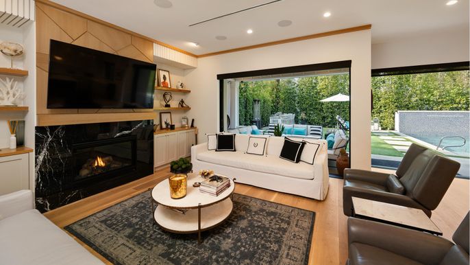 Fireplace, Interior, Living room, Recessed Lighting, Wood Texture Flooring