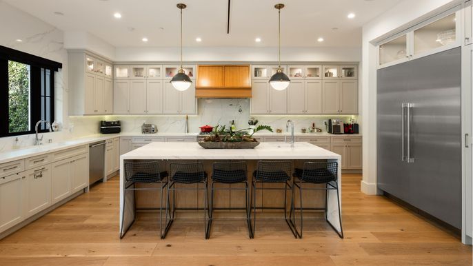 Interior, Kitchen, Pendant Lights, Recessed Lighting, Stainless Steel Appliances, Wood Texture Flooring
