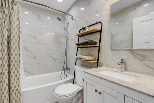Bathroom, Glass Shower, Interior, Marble Walls, Recessed Lighting