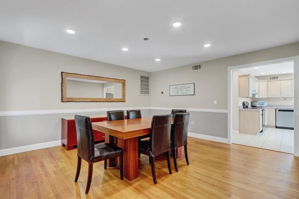 Dining room, Interior, Kitchen, Recessed Lighting, Wood Texture Flooring