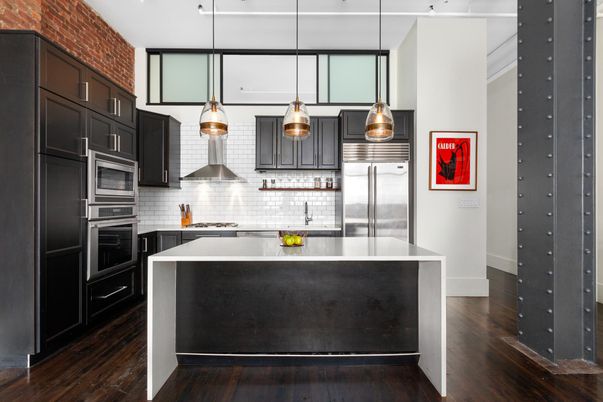 Interior, Kitchen, Pendant Lights, Stainless Steel Appliances, Wood Texture Flooring