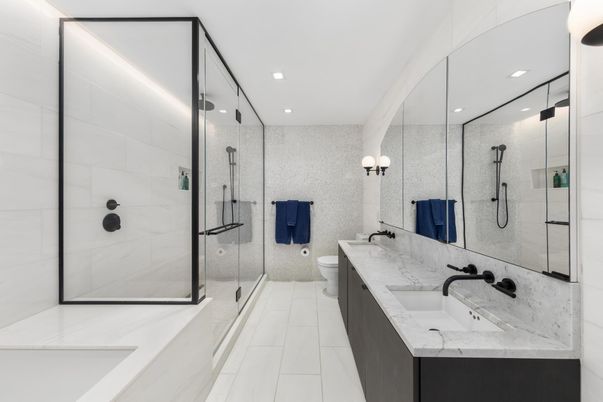 Bathroom, Dual Sink Vanities, Glass Shower, Interior, Recessed Lighting