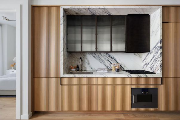 Interior, Kitchen, Marble Walls, Wood Texture Flooring