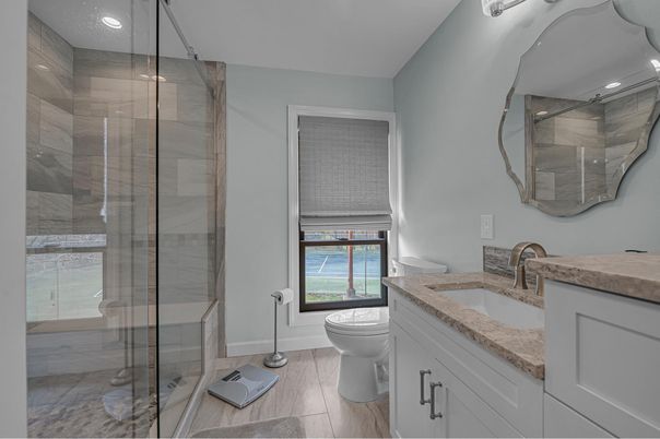 Bathroom, Glass Shower, Interior, Recessed Lighting, Wood Texture Flooring