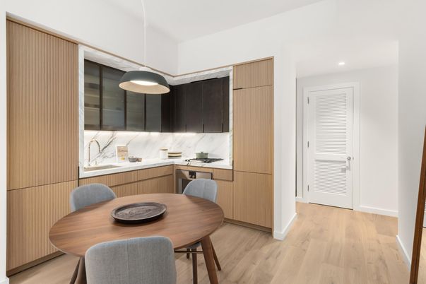 Dining room, Interior, Kitchen, Pendant Lights, Recessed Lighting, Wood Texture Flooring