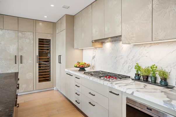 Interior, Kitchen, Marble Walls, Recessed Lighting, Wood Texture Flooring