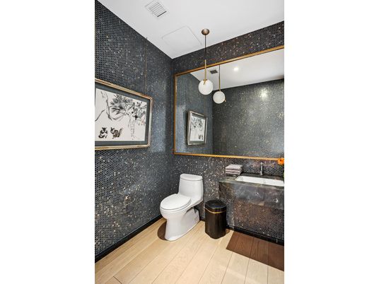 Bathroom, Interior, Pendant Lights, Recessed Lighting, Wood Texture Flooring