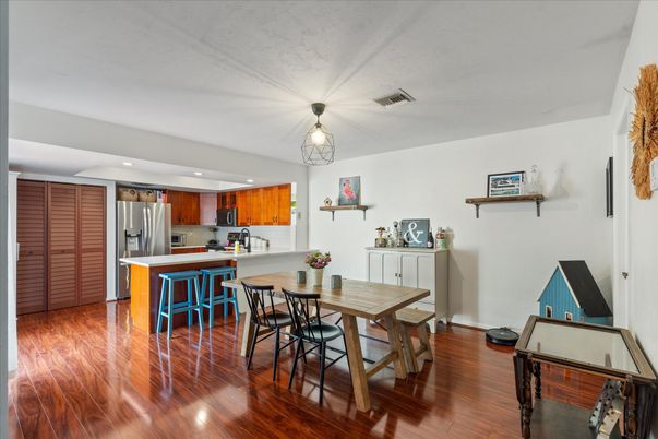 Dining room, Interior, Kitchen, Recessed Lighting, Stainless Steel Appliances, Wood Texture Flooring