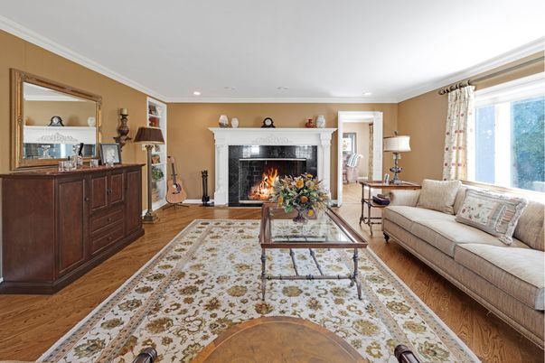 Fireplace, Interior, Living room, Recessed Lighting, Wood Texture Flooring
