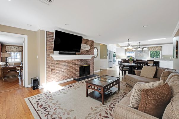 Dining room, Fireplace, Interior, Kitchen, Living room, Pendant Lights, Recessed Lighting, Stone Walls, Wood Texture Flooring