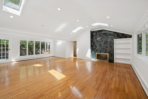 Empty room, Fireplace, Interior, Recessed Lighting, Wood Texture Flooring