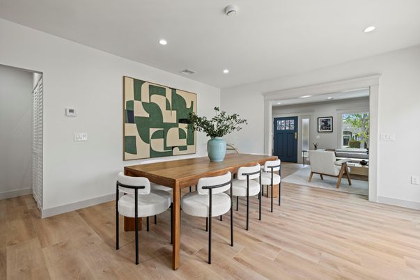 Dining room, Interior, Living room, Recessed Lighting, Wood Texture Flooring