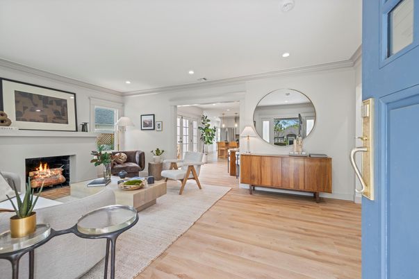 Fireplace, Interior, Living room, Recessed Lighting, Wood Texture Flooring