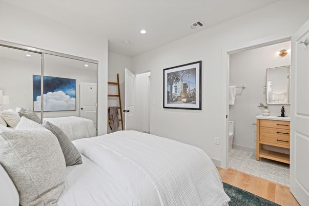 Bedroom, Interior, Recessed Lighting, Wood Texture Flooring