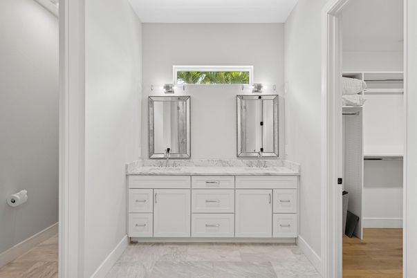 Bathroom, Dual Sink Vanities, Interior, Marble, Wood Texture Flooring