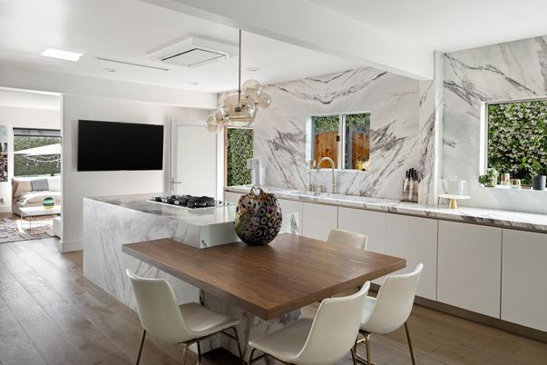 Dining room, Interior, Marble Walls, Pendant Lights, Recessed Lighting, Wood Texture Flooring