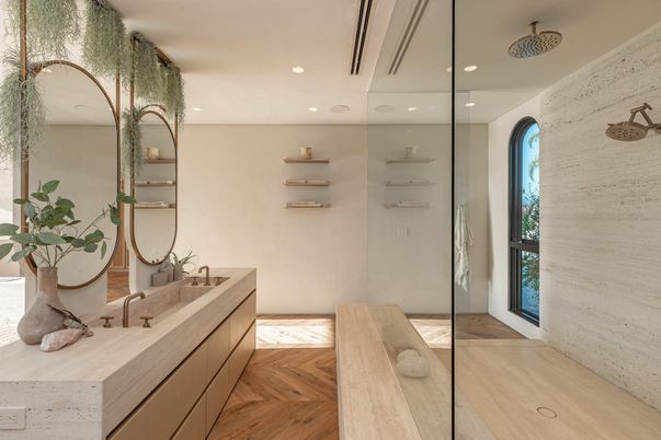 Bathroom, Interior, Recessed Lighting, Wood Texture Flooring
