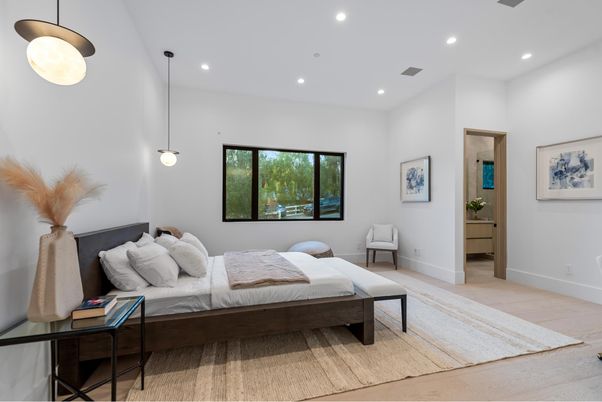 Bedroom, Interior, Pendant Lights, Recessed Lighting, Wood Texture Flooring