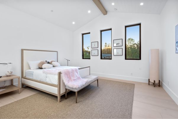 Bedroom, Interior, Recessed Lighting, Wooden Beams, Wood Texture Flooring