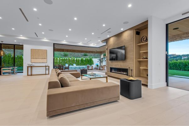 Fireplace, Interior, Living room, Pendant Lights, Recessed Lighting, Wooden Walls