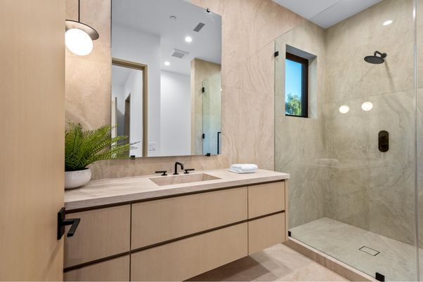 Bathroom, Glass Shower, Interior, Marble Walls, Recessed Lighting