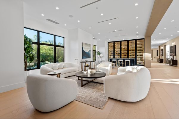 Interior, Living room, Recessed Lighting, Wine Storage, Wood Texture Flooring