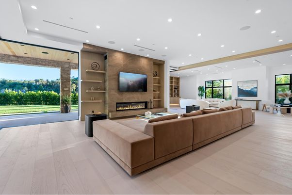 Fireplace, Interior, Living room, Recessed Lighting, Wood Texture Flooring