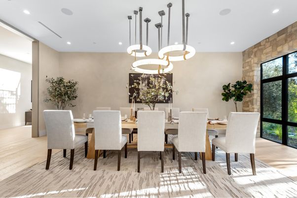 Dining room, Interior, Pendant Lights, Recessed Lighting, Wood Texture Flooring
