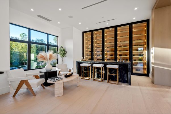 Interior, Living room, Recessed Lighting, Wine Storage, Wood Texture Flooring