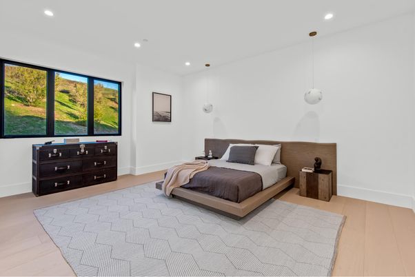 Bedroom, Interior, Pendant Lights, Recessed Lighting, Wood Texture Flooring