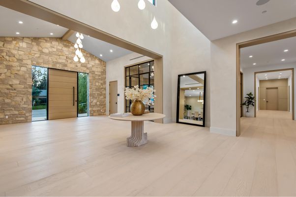Interior, Recessed Lighting, Stone Walls, Wood Texture Flooring