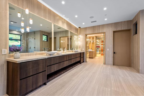 Bathroom, Dual Sink Vanities, Interior, Recessed Lighting, Walk-in Closets, Wood Texture Flooring