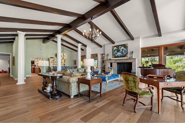 Chandelier, Fireplace, Interior, Living room, Wooden Beams, Wood Texture Flooring