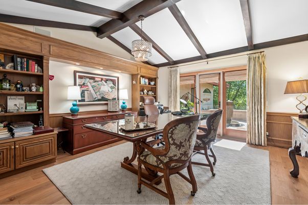 Chandelier, Home Office, Interior, Recessed Lighting, Wooden Beams, Wood Texture Flooring