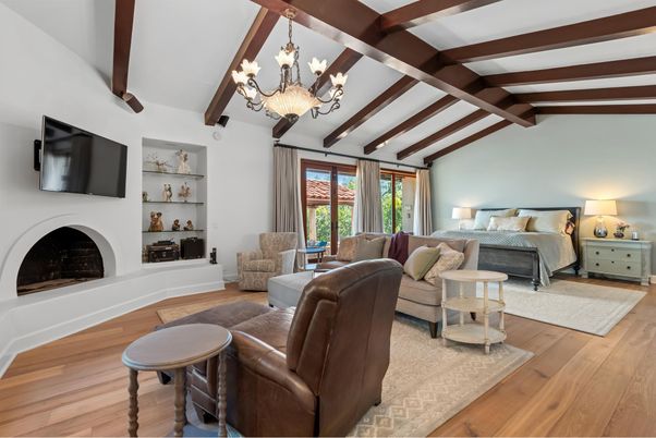 Bedroom, Chandelier, Fireplace, Interior, Living room, Wooden Beams, Wood Texture Flooring