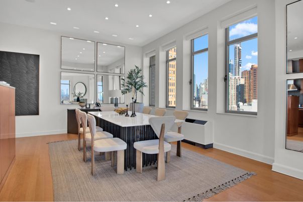 Dining room, Interior, Recessed Lighting, Wood Texture Flooring