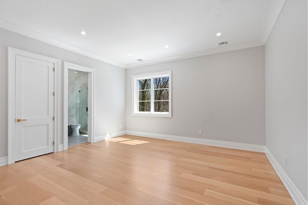 Bathroom, Empty room, Glass Shower, Interior, Recessed Lighting, Wood Texture Flooring