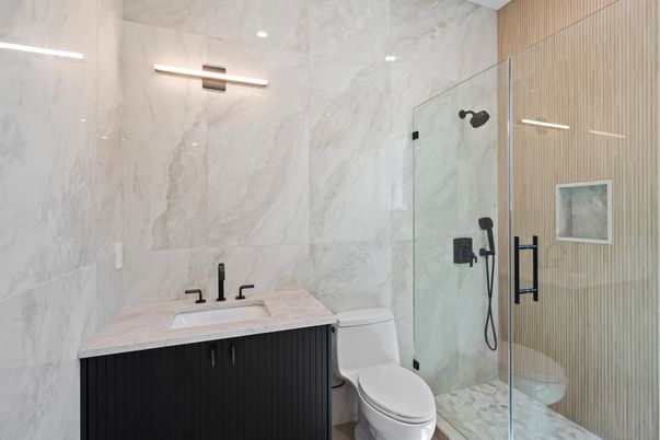 Bathroom, Glass Shower, Interior, Marble Walls