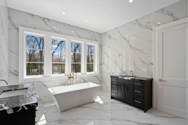 Bathroom, Dual Sink Vanities, Free Standing Baths, Interior, Marble, Marble Walls, Recessed Lighting