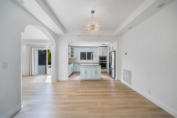 Chandelier, Interior, Kitchen, Recessed Lighting, Stainless Steel Appliances, Wood Texture Flooring