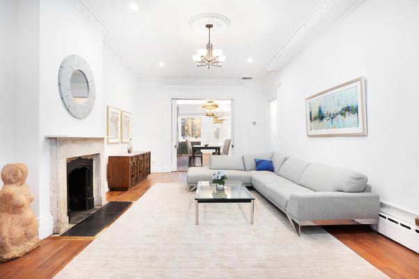 Chandelier, Dining room, Fireplace, Interior, Living room, Recessed Lighting, Wood Texture Flooring