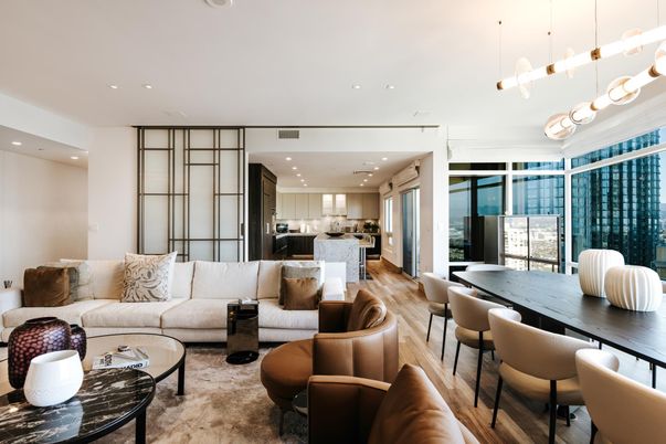 Dining room, Interior, Kitchen, Living room, Pendant Lights, Recessed Lighting, Stainless Steel Appliances, Wood Texture Flooring