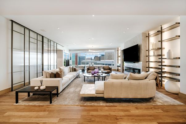 Fireplace, Interior, Living room, Recessed Lighting, Wood Texture Flooring
