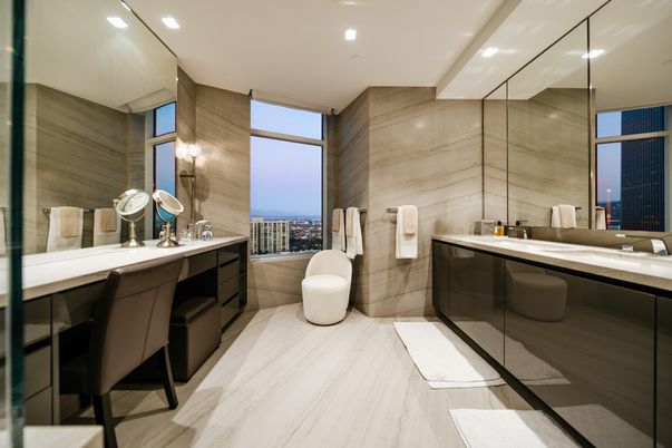 Bathroom, Glass Shower, Interior, Marble, Recessed Lighting, Wood Texture Flooring