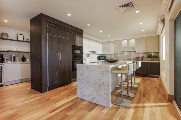 Interior, Kitchen, Recessed Lighting, Stainless Steel Appliances, Wood Texture Flooring