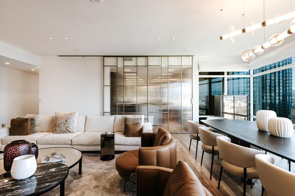Dining room, Interior, Living room, Pendant Lights, Recessed Lighting, Wood Texture Flooring
