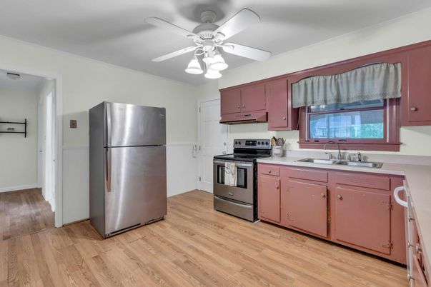 Interior, Kitchen, Stainless Steel Appliances, Wood Texture Flooring