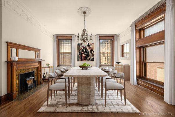 Chandelier, Dining room, Fireplace, Interior, Wood Texture Flooring