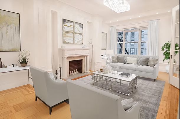 Chandelier, Fireplace, Interior, Living room, Recessed Lighting, Wood Texture Flooring