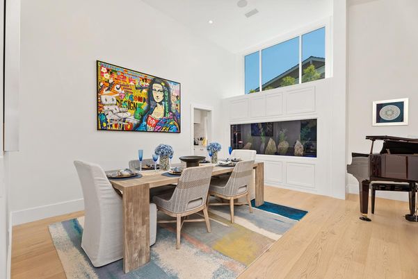 Dining room, Interior, Piano, Recessed Lighting, Wood Texture Flooring